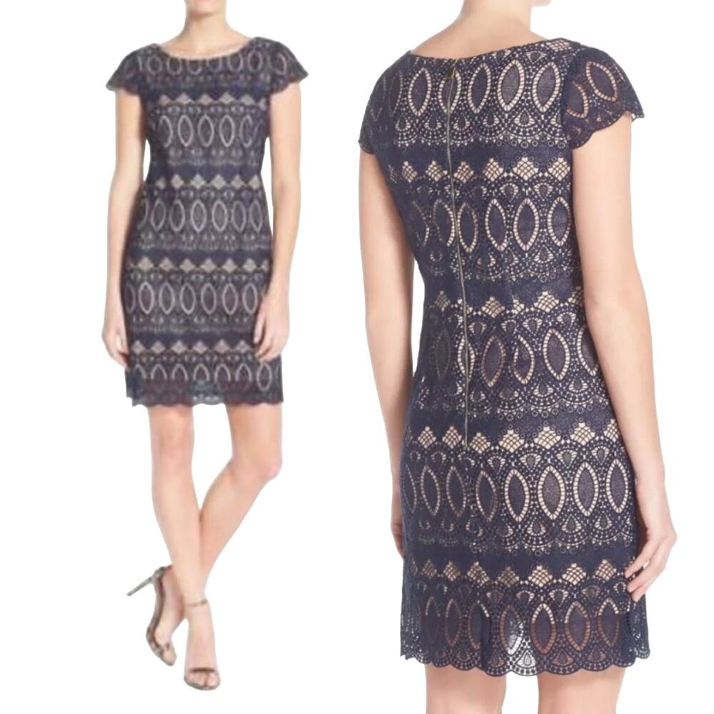 Eliza J Lace Cocktail Dress Scalloped Hem Cap Sleeves Sheath Mini Blue Womens 2